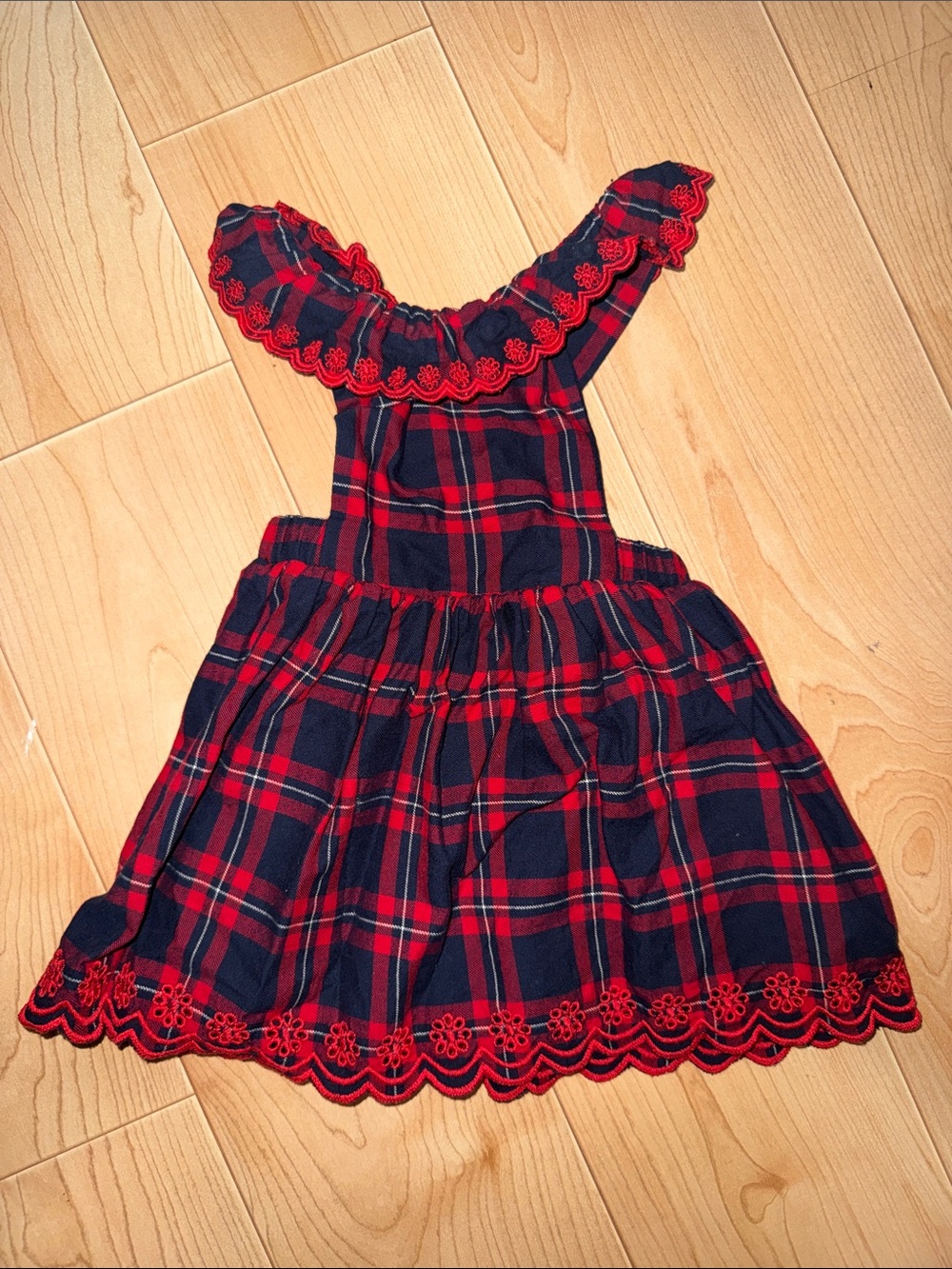 Janie and Jack Red & Navy Plaid Jumper Dress w/ Red Embroidered Trim Size 6-12M